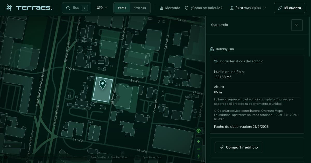 Ficha y mapa de un edificio en Ciudad de Guatemala, con datos físicos y fuentes en Terraes