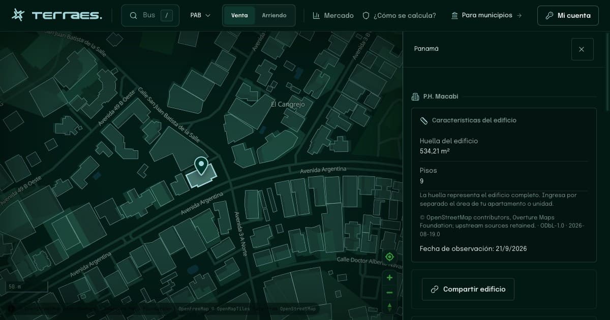 Terraes building panel and map in Panama City, showing physical facts and sources