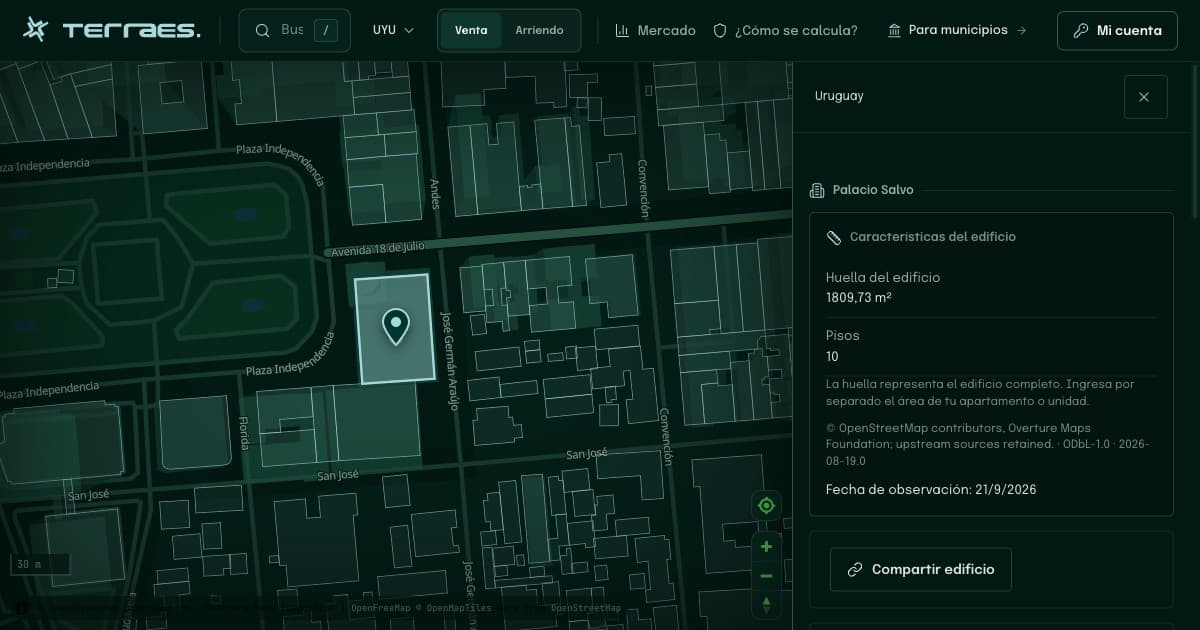 Ficha y mapa de un edificio en Montevideo, con datos físicos y fuentes en Terraes